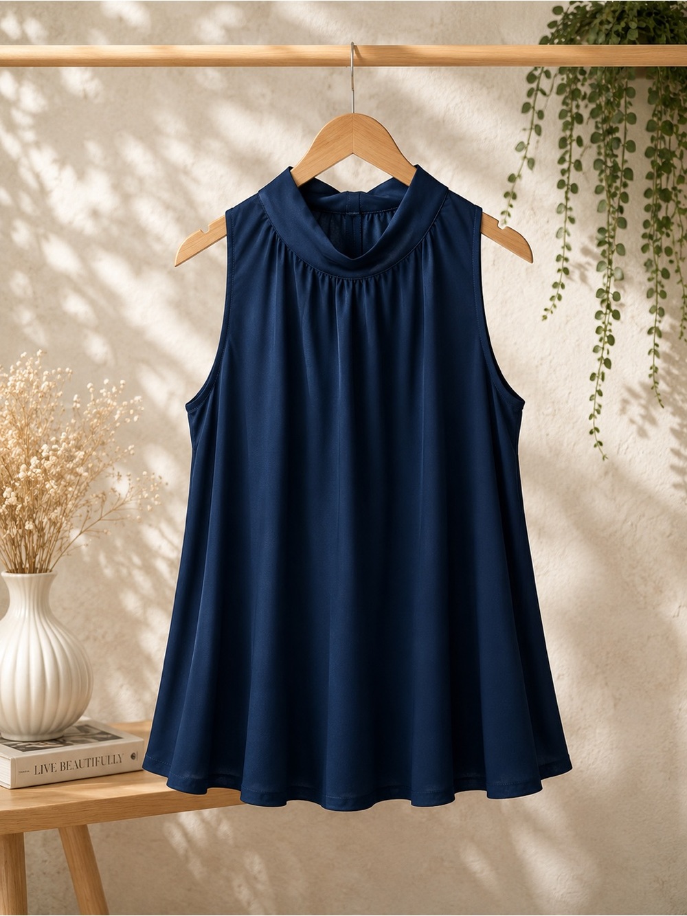 Meaneor| Sleeveless Mock Neck Swing Top - Navy| XXL